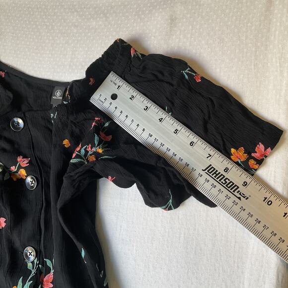 Volcom Women Dress L (10) Black Floral A-Line Button Short Sleeve Knee Length - Picture 6 of 9